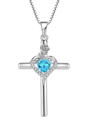 Women’s Blue 925 Sterling Silver Cross Rose Flower Birthstone Stylish Necklaces